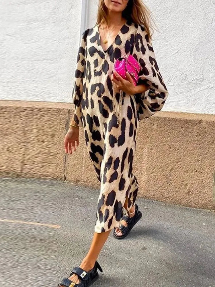 Casual V Neck Midi Dress with Loose Fit Sleeves - Nocini