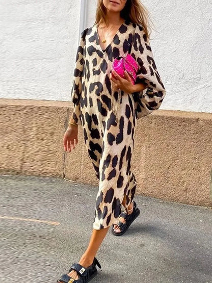 Casual V Neck Midi Dress with Loose Fit Sleeves - Nocini