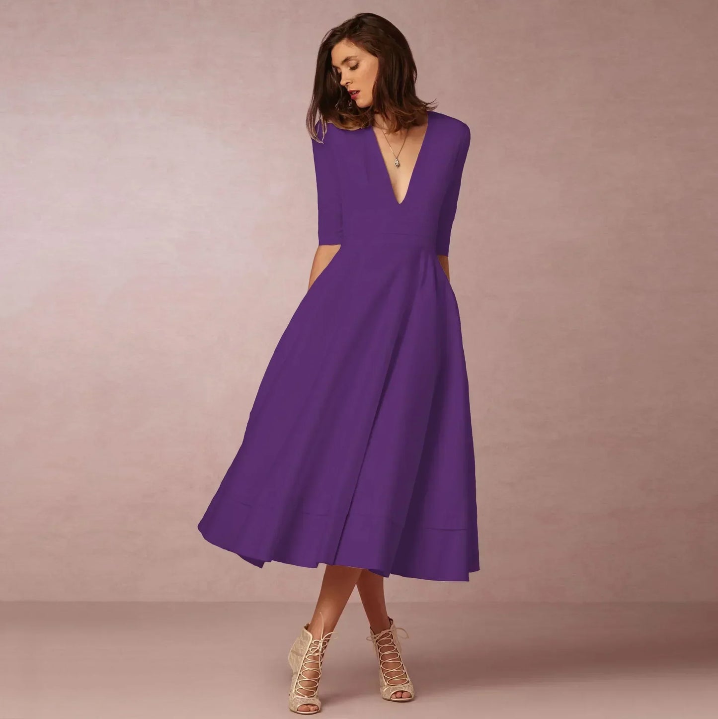 Women's Classic V Neck Midi Dress with Flare Skirt