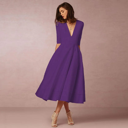 Women's Classic V Neck Midi Dress with Flare Skirt