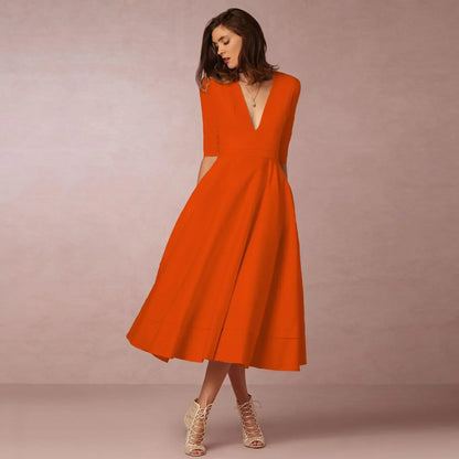 Women's Classic V Neck Midi Dress with Flare Skirt