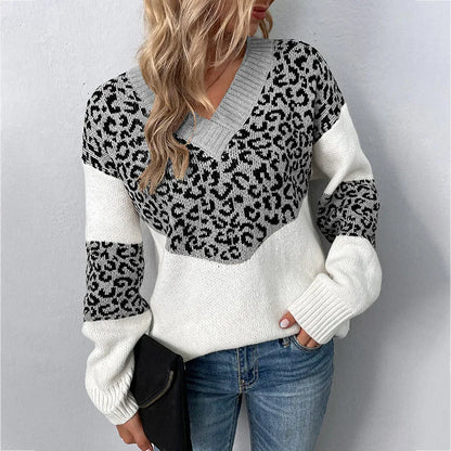Women's Stylish V-neck Leopard Sweater - Olytrend