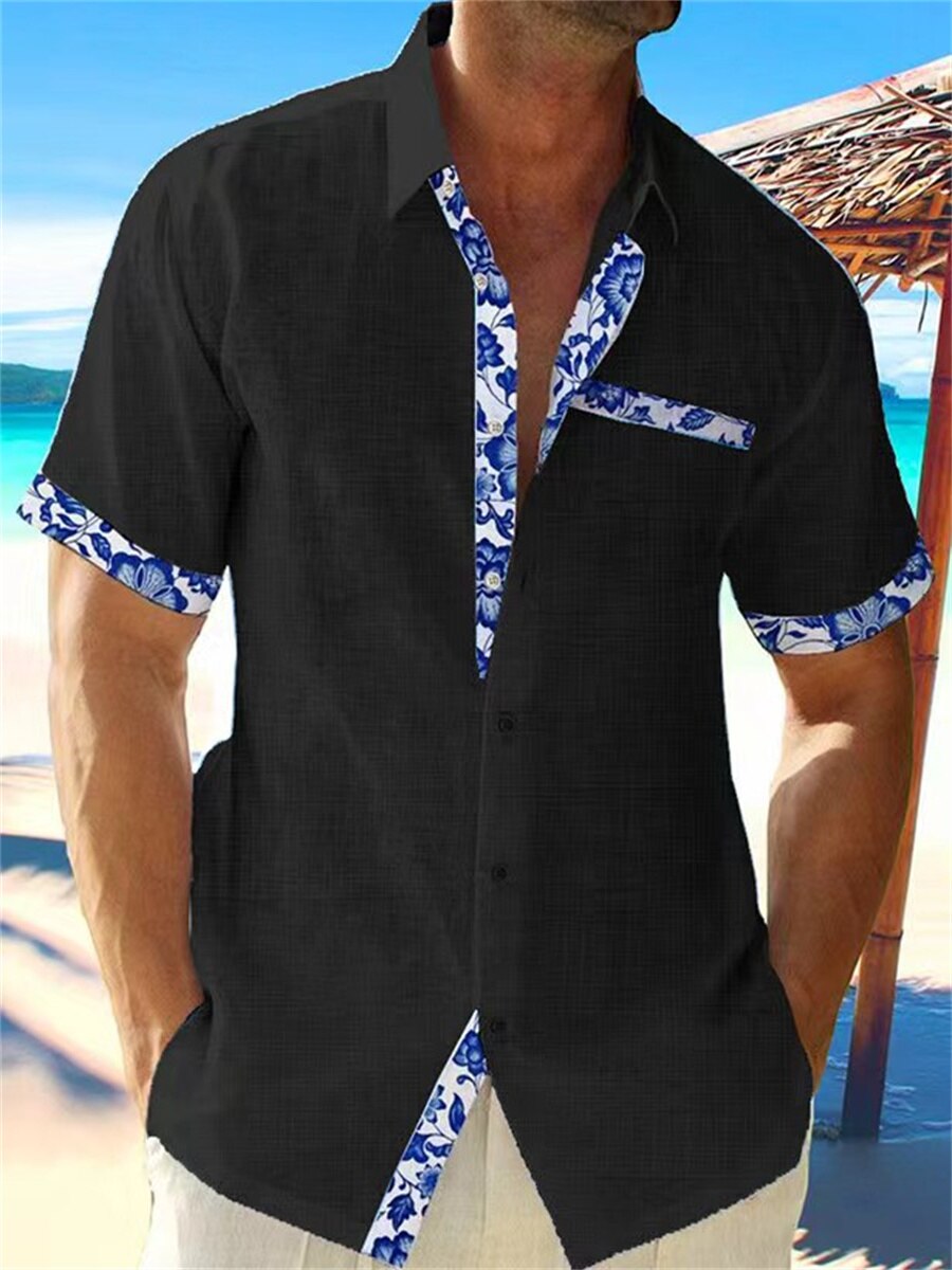 Casual Short Sleeve Mens Shirt with Floral Trim