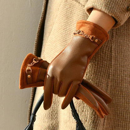 Slim Faux Leather Women's Gloves with Chain Detail