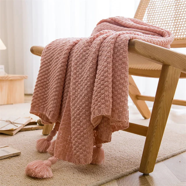 Scandinavian Bamboo Knit Throw Blanket With Tasseled Edges