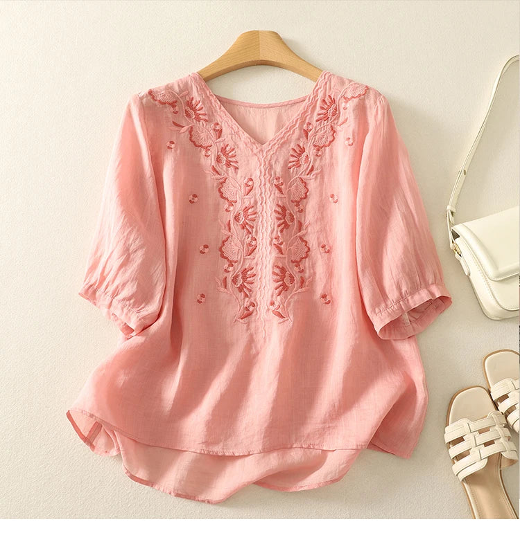 Casual V-Neck Shirt with Delicate Embroidery Details