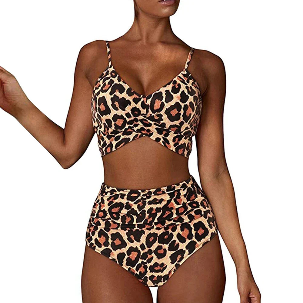 Women's Swimsuit Set - Skinny Cross Over Top - High Waist Bottoms