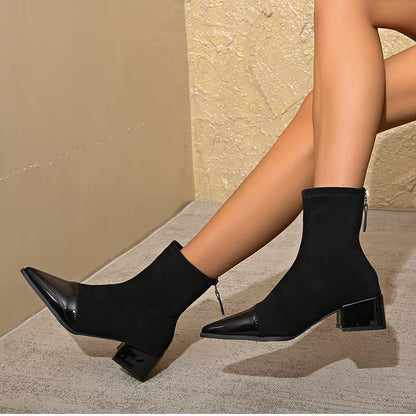 Ladies High Heel Ankle Boots with Block Heel and Zip Back