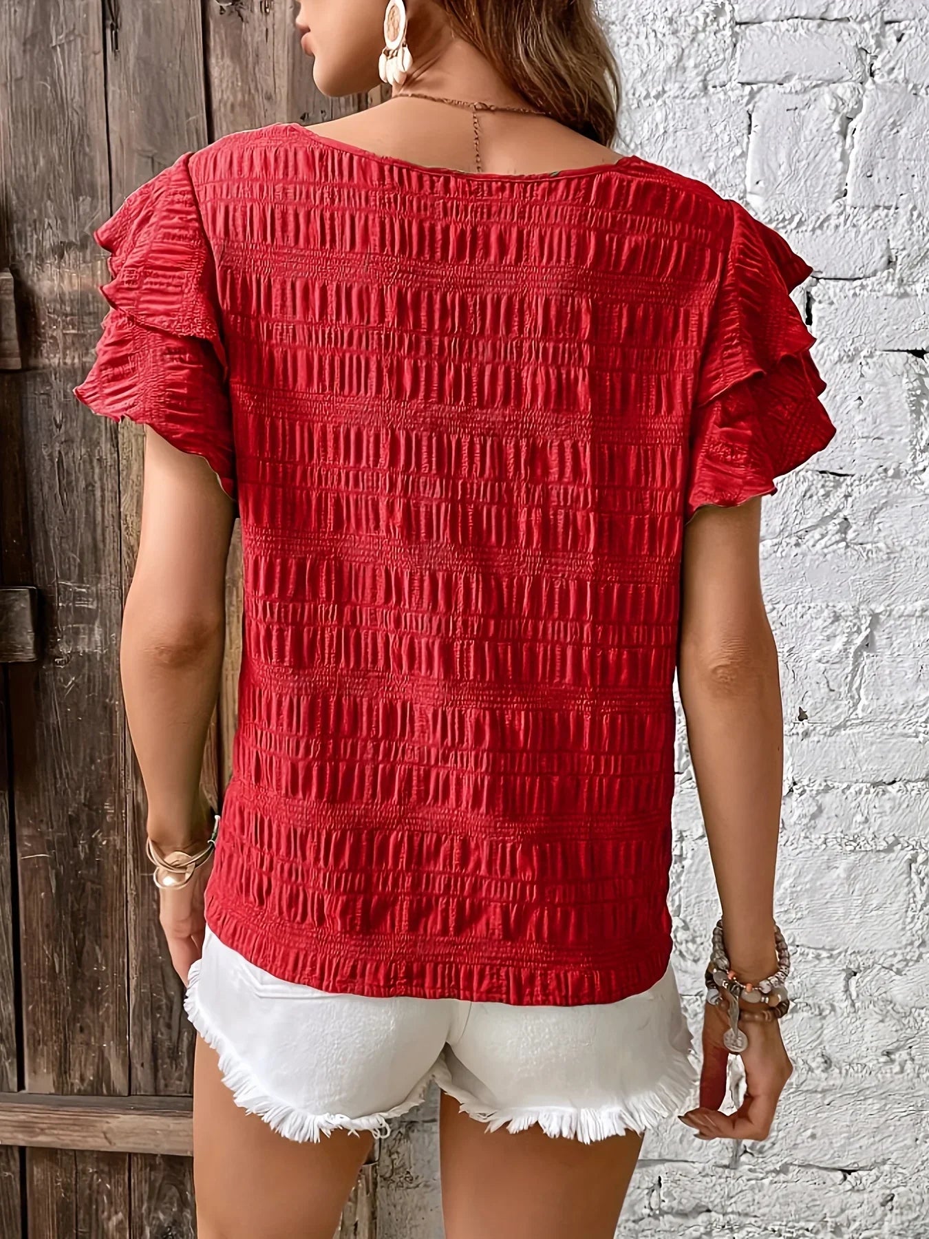 Airy V-Neck Blouse with Cute Fluffy Trim