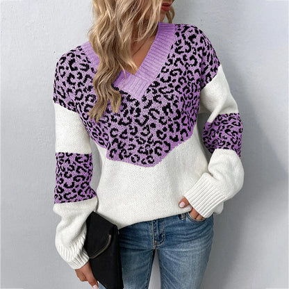 Women's Stylish V-neck Leopard Sweater