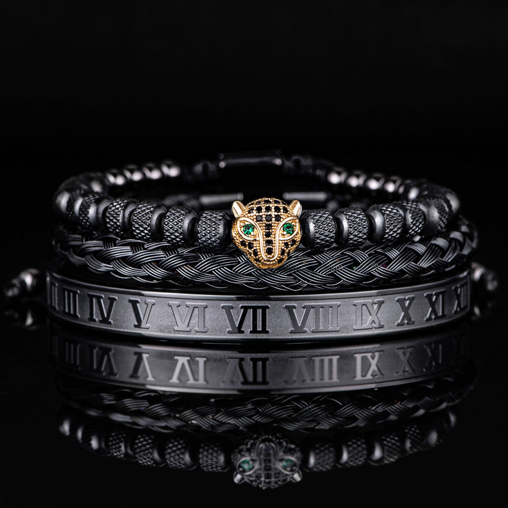 Glittering Panther Charm Beaded Cuff Bracelet Set