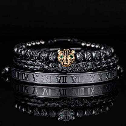 Glittering Panther Charm Beaded Cuff Bracelet Set