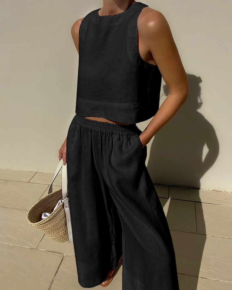 Elegant Ladies Linen Crop Top and Pants Set