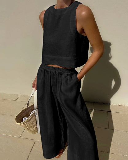 Elegant Ladies Linen Crop Top and Pants Set