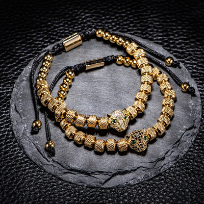 Glittering Panther Charm Beaded Cuff Bracelet Set