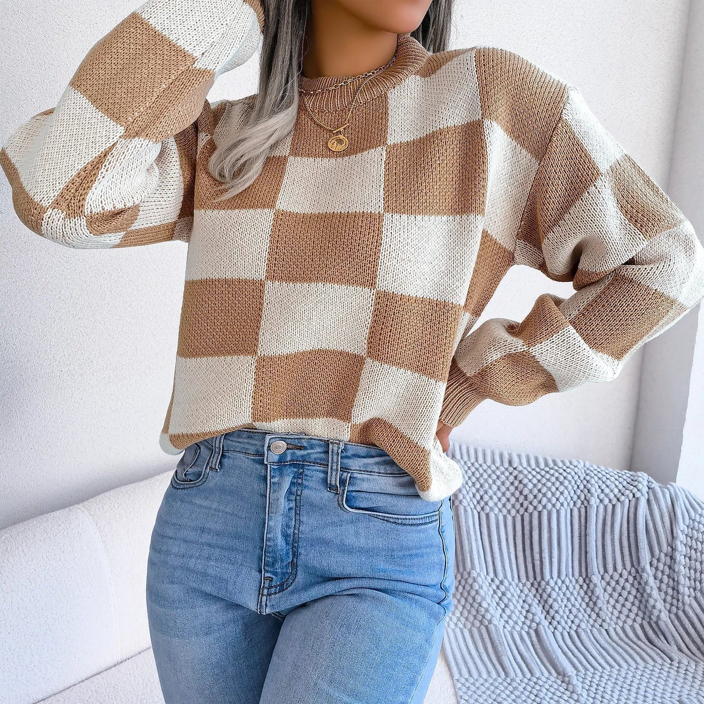 Purple Plaid Knit Sweater for Women