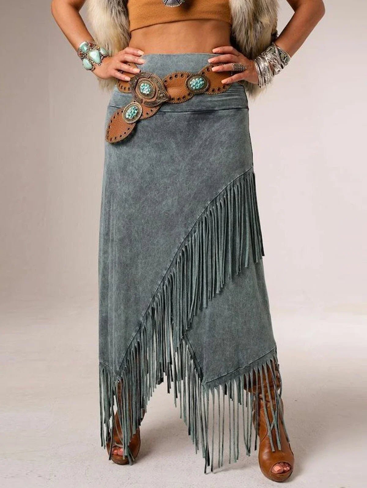 Flared Long Fringe Maxi Skirt - Olytrend