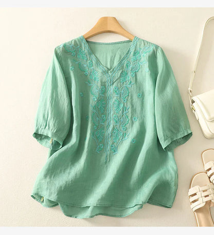 Casual V-Neck Shirt with Delicate Embroidery Details
