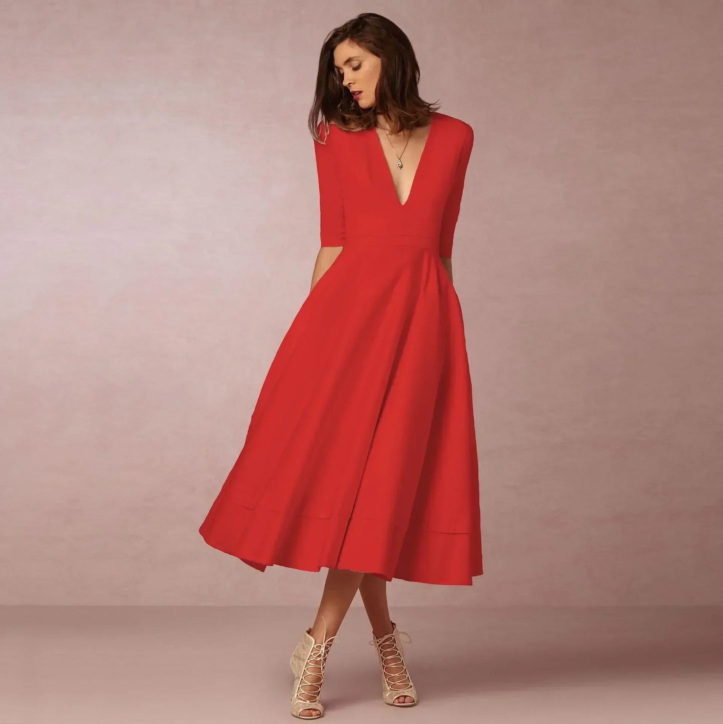 Women's Classic V Neck Midi Dress with Flare Skirt