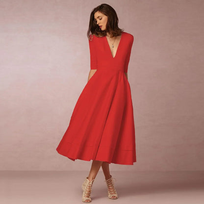 Women's Classic V Neck Midi Dress with Flare Skirt