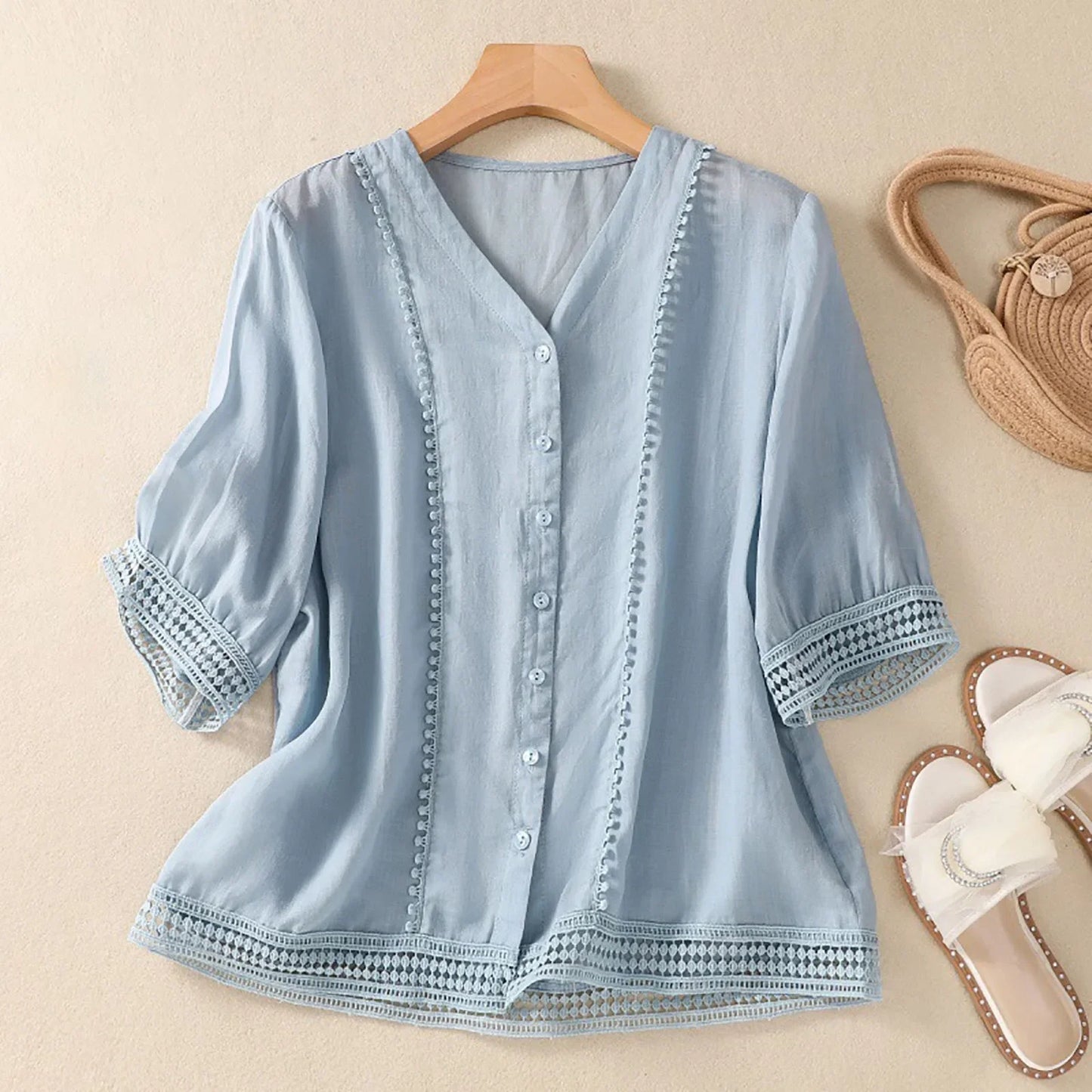 Casual Lace Trim Button Down Women's Blouse - Nocini