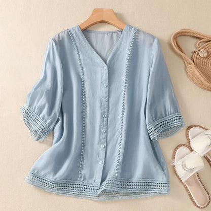 Casual Lace Trim Button Down Women's Blouse - Nocini