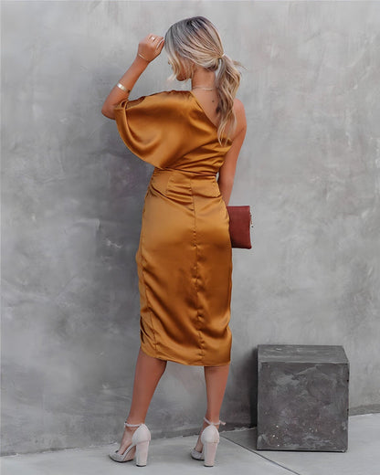 Luxurious Off Shoulder Midi Dress with Chic Ruffles