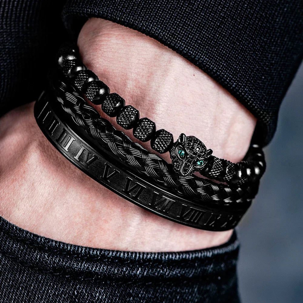 Glittering Panther Charm Beaded Cuff Bracelet Set