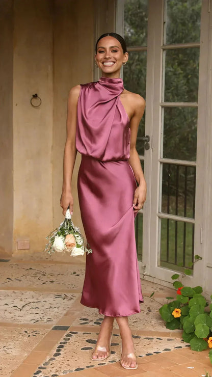 Ladies Luxury Satin One Shoulder Midi Dress - Nocini