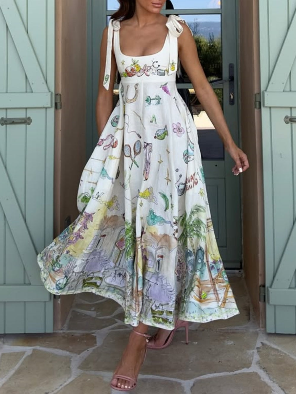 Colorful Dance Tie Waist Midi Dress - Olytrend