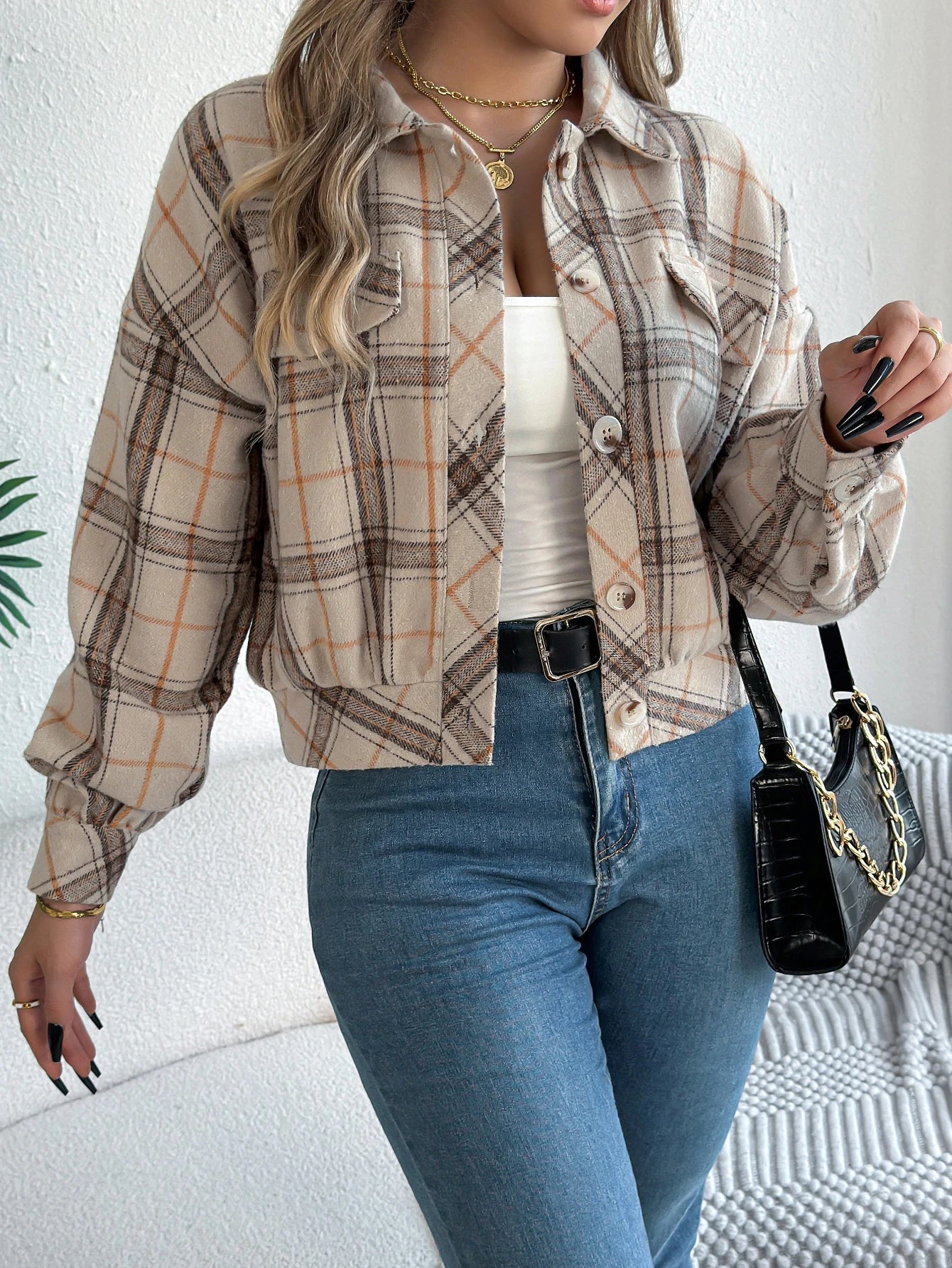 Short Plaid Denim Jacket