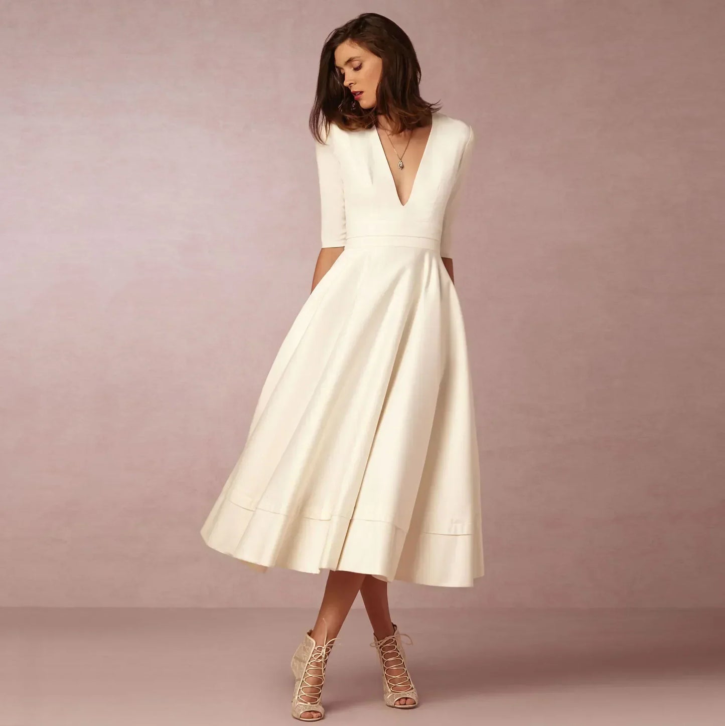 Women's Classic V Neck Midi Dress with Flare Skirt - Nocini