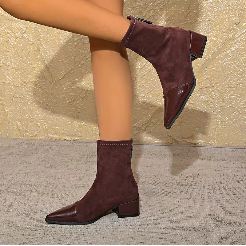 Ladies High Heel Ankle Boots with Block Heel and Zip Back