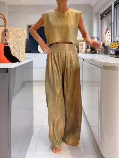 Ladies' 2-Piece - Sleeveless Crop Top & Wide Leg Pants