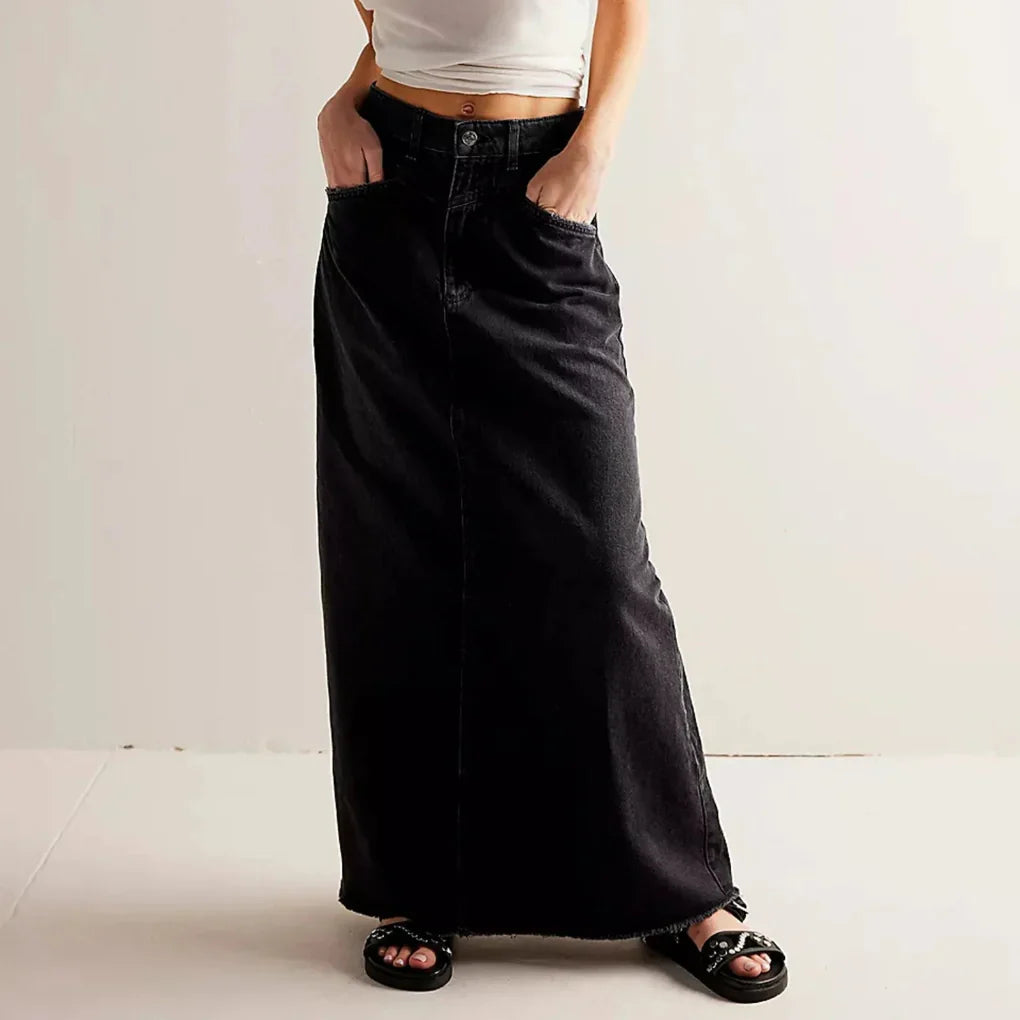 Classic Mid Waist Straight Denim Skirt