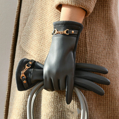 Slim Faux Leather Women's Gloves with Chain Detail