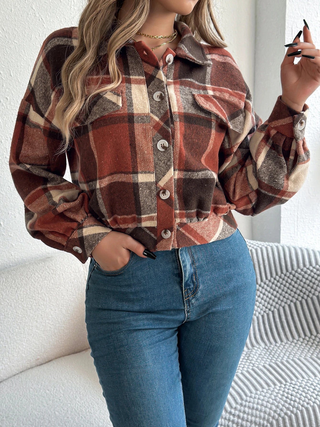 Short Plaid Denim Jacket
