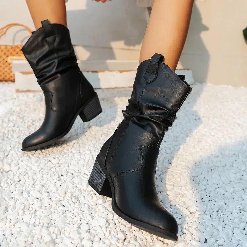 Rugged Cowboy Mid-Calf Leather Boots