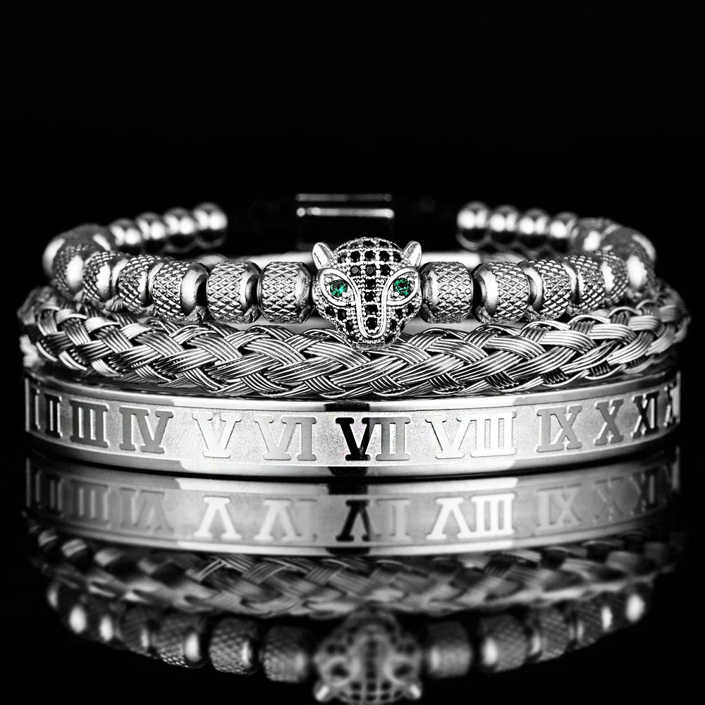 Glittering Panther Charm Beaded Cuff Bracelet Set