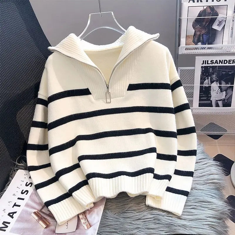 Cozy Striped Women's Sweater with Half Zip - Nocini