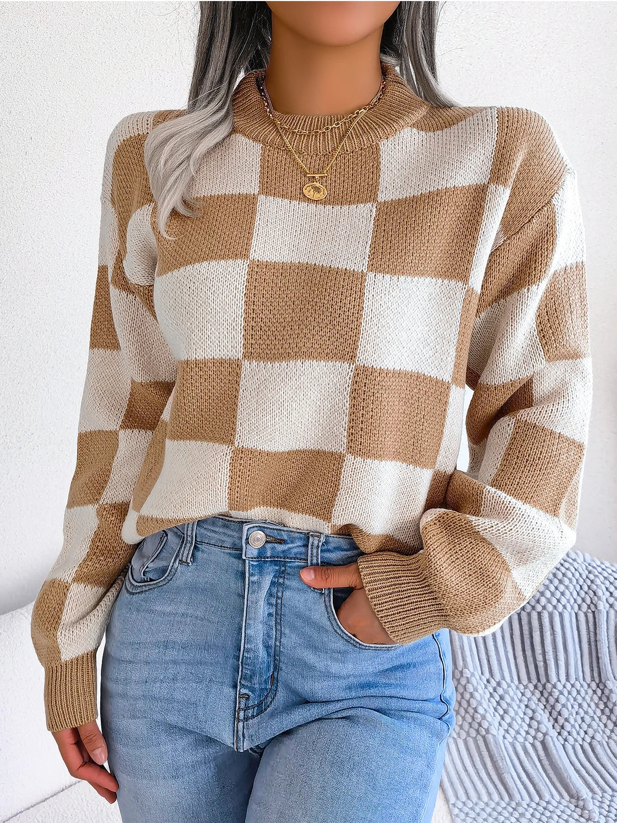 Purple Plaid Knit Sweater for Women - Nocini