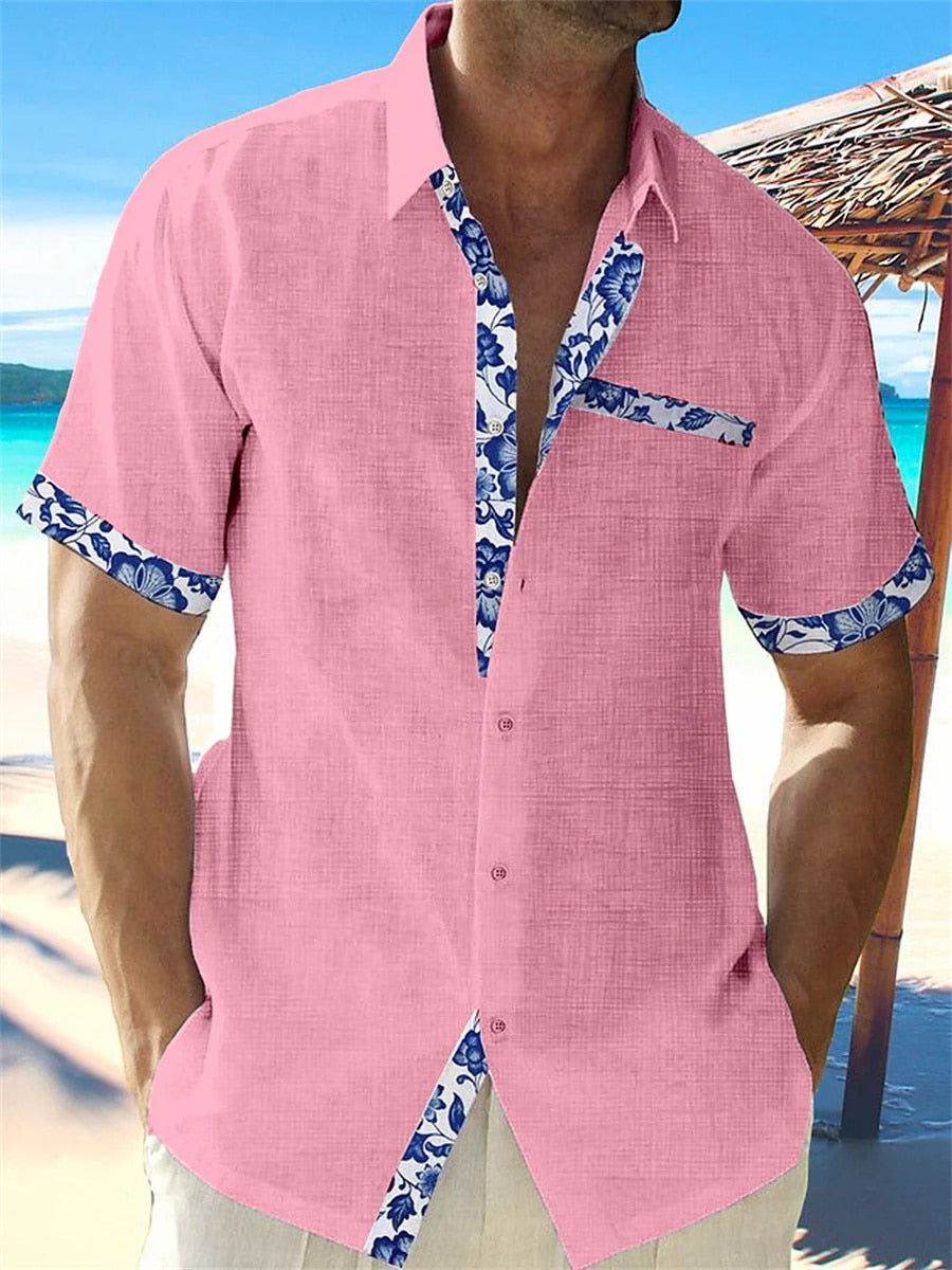 Casual Short Sleeve Mens Shirt with Floral Trim
