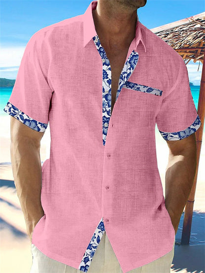 Casual Short Sleeve Mens Shirt with Floral Trim