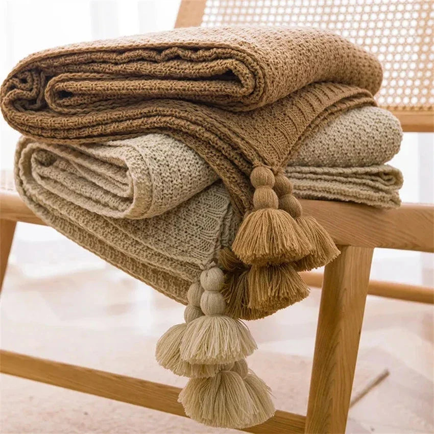 Natural Fiber Soft Throw Blanket with Tassel Trim - Nocini