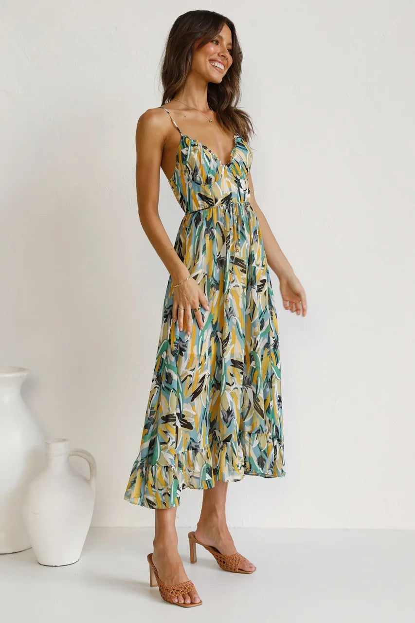 Ladies' Casual Summer Midi Dress with Flirty Ruffles