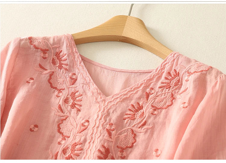 Casual V-Neck Shirt with Delicate Embroidery Details