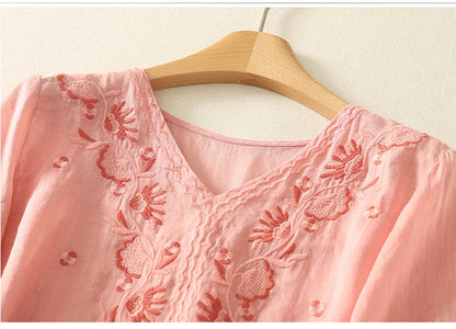 Casual V-Neck Shirt with Delicate Embroidery Details