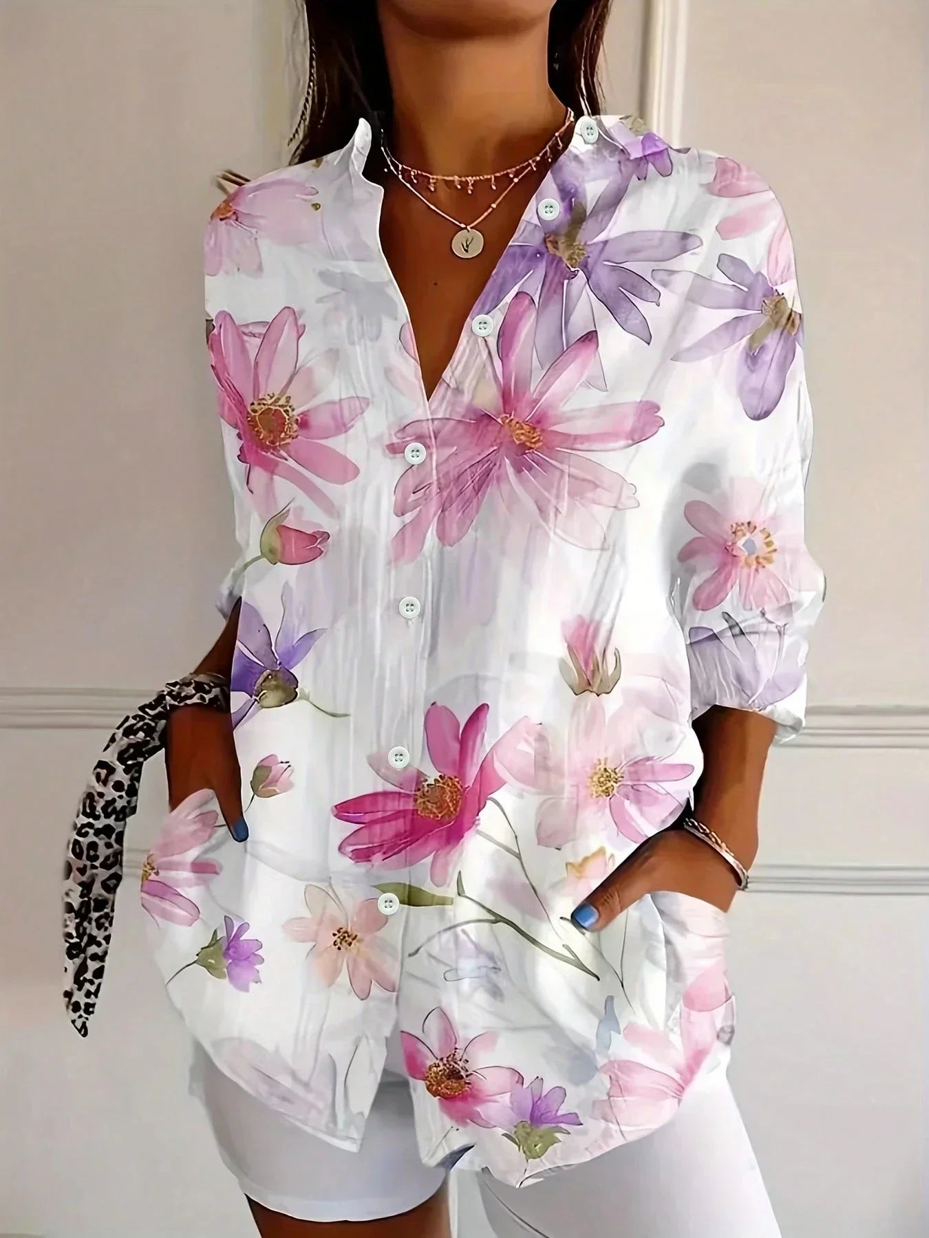 Colorful Button Down Shirt for Women with Rolled Sleeves