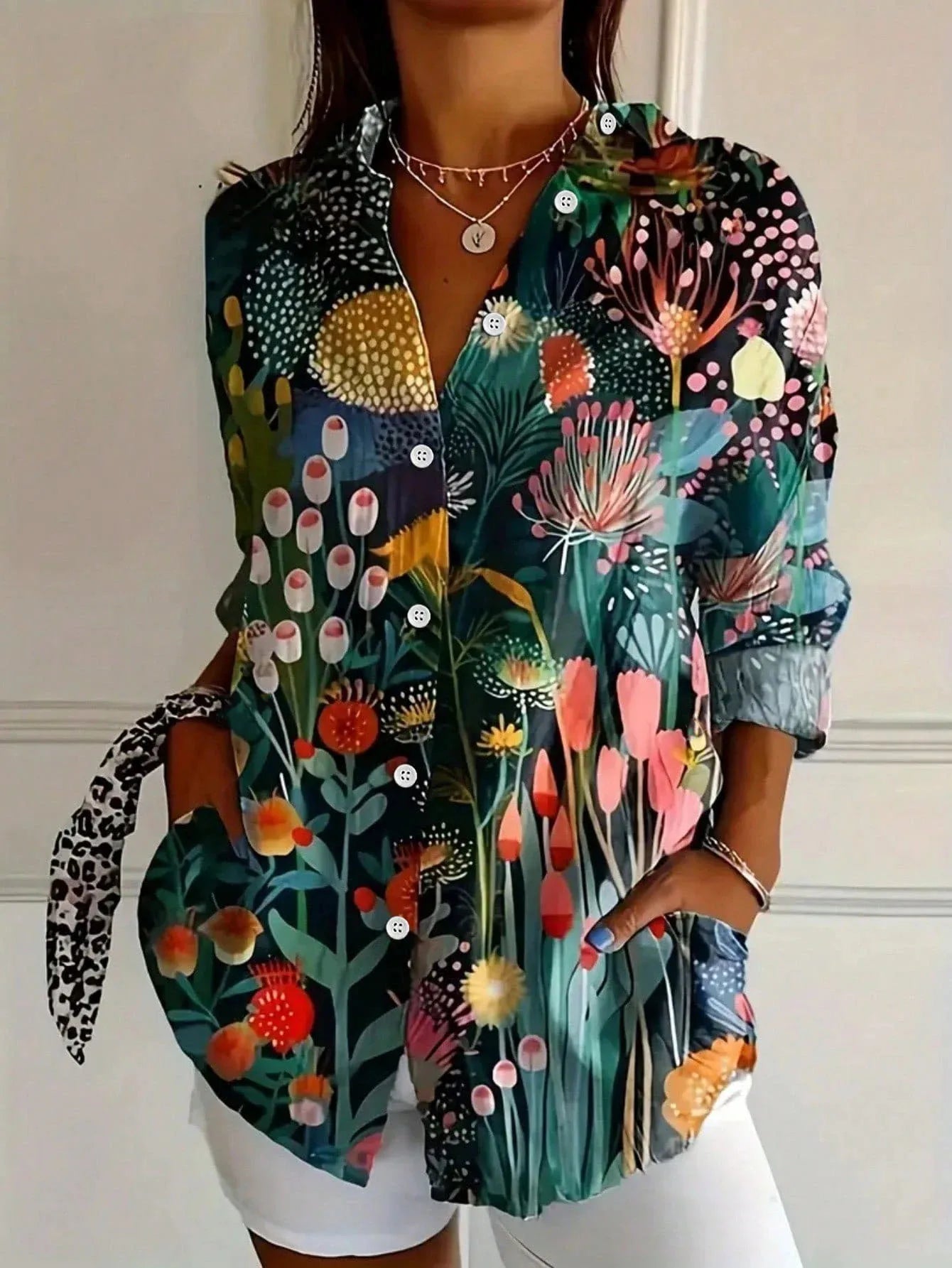 Colorful Button Down Shirt for Women with Rolled Sleeves