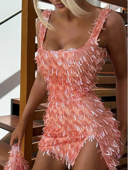 Sexy Feather Trim Party Dress for Women